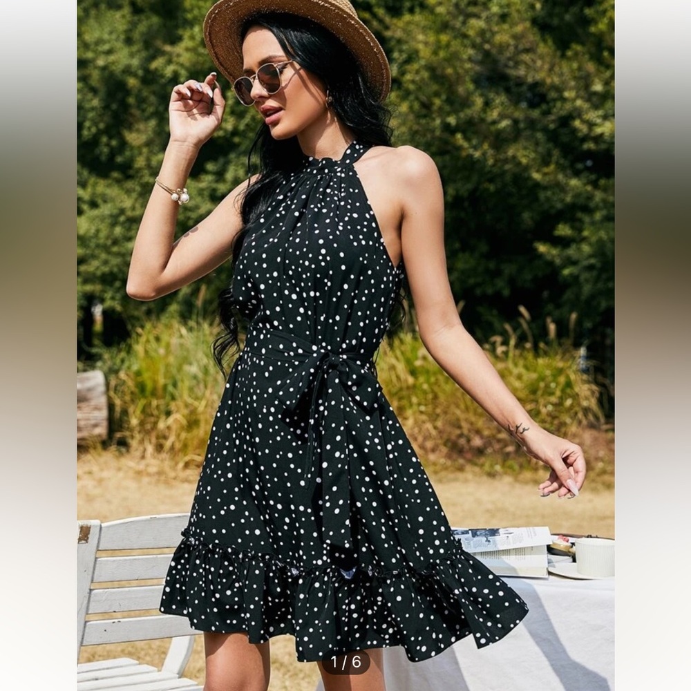 SHEIN collar sleeveless black white polka dot dress size xs